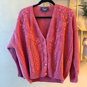 Vintage BEST American Clothing Co Pink Floral Cable Knit Cardigan Sweater L